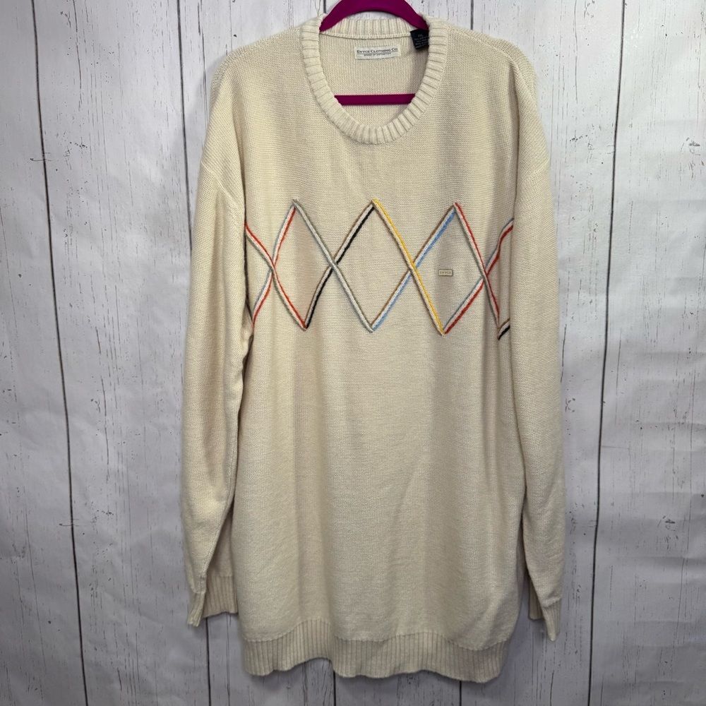 Enyce Cream Wool Blend Argyle Sweater Mens 3XL Oversized Knit Pullover Cozy